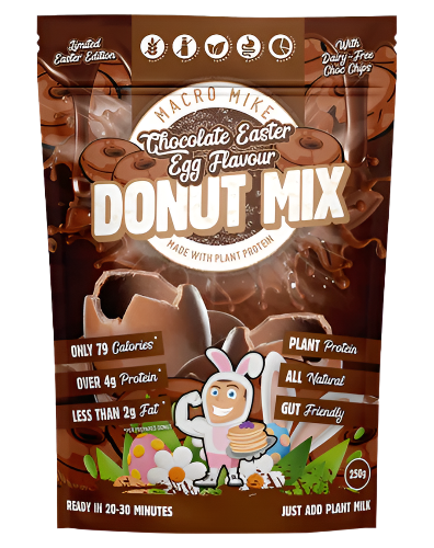 Packaging of Macro Mike Donut Baking Mix with illustrations of donuts and descriptive text highlighting the vegan, gluten-free, and protein-packed features of the mix.