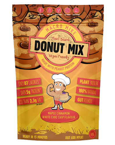 Packaging of Macro Mike Donut Baking Mix with illustrations of donuts and descriptive text highlighting the vegan, gluten-free, and protein-packed features of the mix.