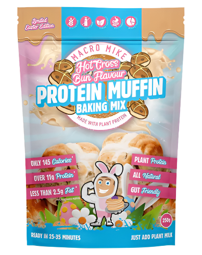 Packaging of Macro Mike's Protein Muffin Baking Mix with illustrations of blueberries, muffins, and a character mixing ingredients. The package highlights the product's features such as high protein, gluten-free, dairy-free, vegan, and gut-friendly.