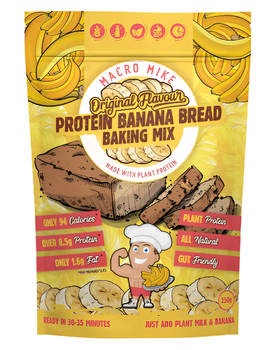 Packaging of Macro Mike Protein Banana Bread Baking Mix featuring an illustration of banana bread slices and the brand's logo.