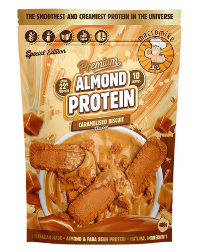 Almond protein snack package with caramelised biscuit flavor branding.