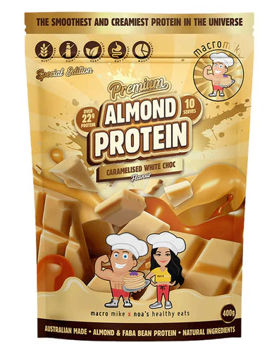 Almond protein powder package with caramelised white chocolate flavor.