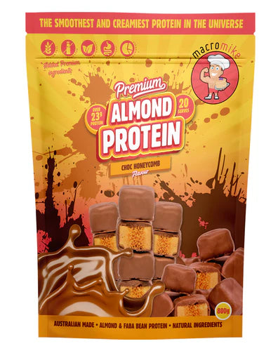 Package of almond protein choc honeycomb with branding and flavor information.