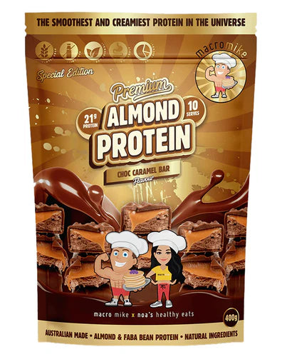 Almond protein snack packaging with chocolate caramel flavor.
