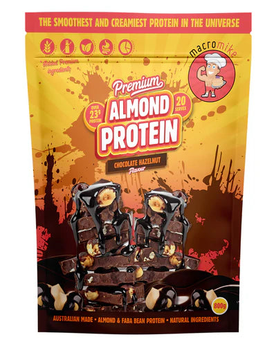 Package of almond protein chocolate hazelnut bars with branding and product details.