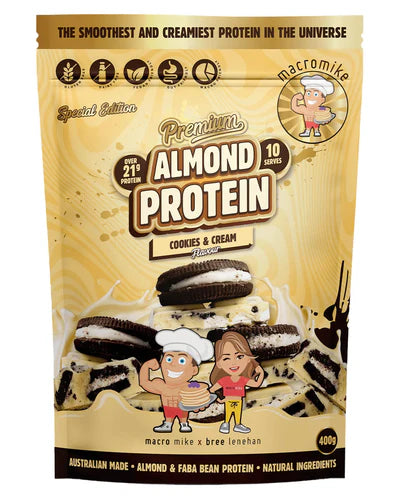 Packaged almond protein cookies & cream flavor with branding and nutritional details.
