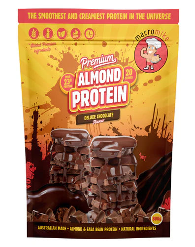 Package of almond protein powder with chocolate flavor on a yellow packaging background.