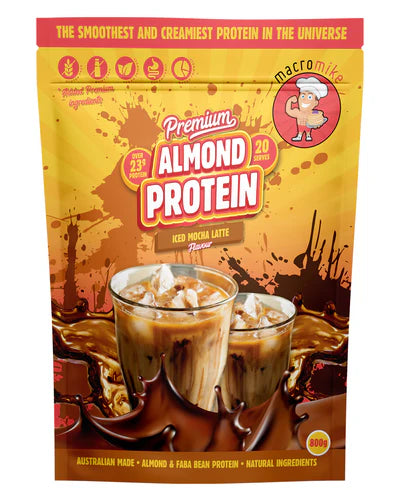 Almond protein package with two glasses of mocha latte and brand details.