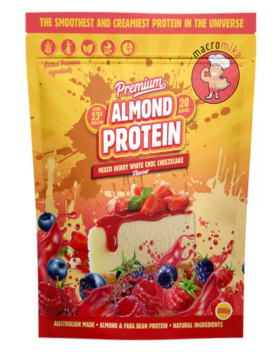 Almond protein package with mixed berry white choc cheesecake flavor design.