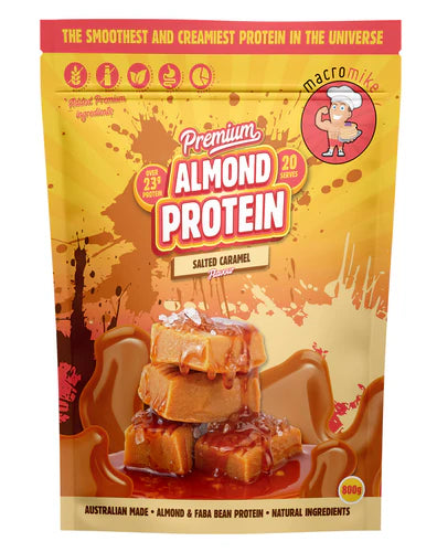 Almond protein package with salted caramel flavoring on a yellow background.