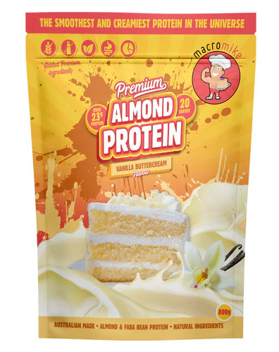 Almond protein powder package with vanilla buttercream flavor branding.