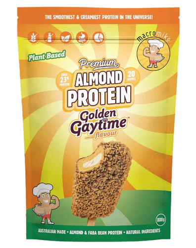 Front view of Macro Mike Premium Almond Protein 800g Golden Gaytime flavour, showing plant-based almond and faba bean protein blend with probiotics and omega-3s.