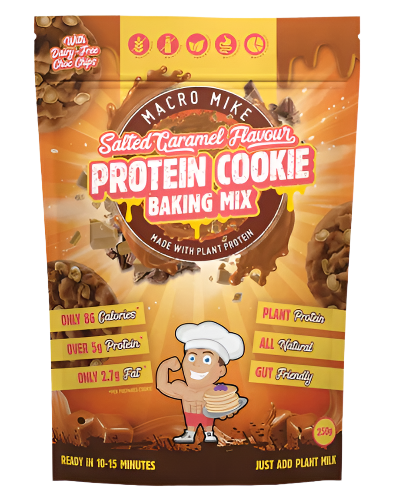 A packet of Macro Mike Salted Caramel Protein Cookie Baking Mix with caramel drizzle and cookie images on the label.