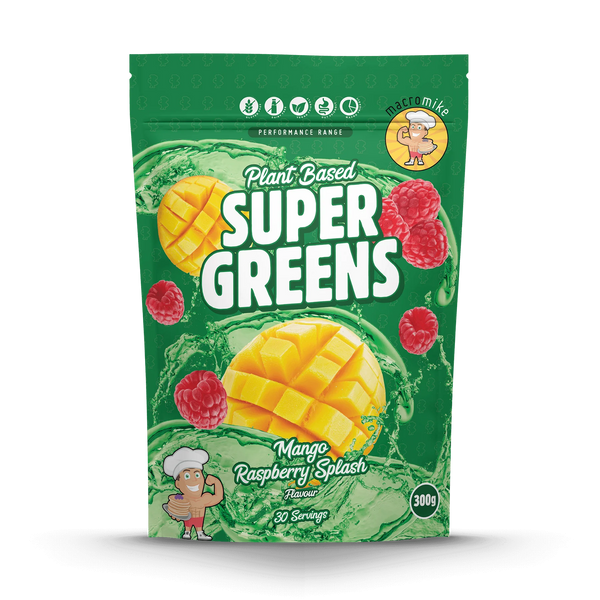 Macro Mike Super Greens Mango Raspberry Splash 300g pouch with mango and raspberry graphics on green background