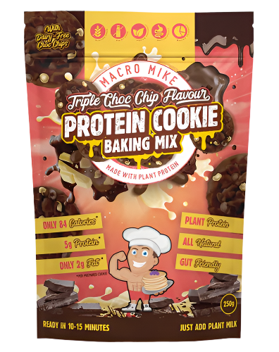A bag of Macro Mike Triple Choc Chip Protein Cookie Baking Mix showing chocolate chip cookies and plant protein details on the packaging.
