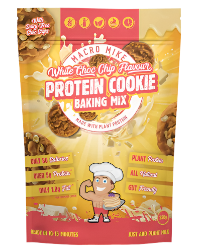 A golden yellow packet of Macro Mike White Choc Chip Protein Cookie Baking Mix with creamy white chocolate chips and cookies on display.