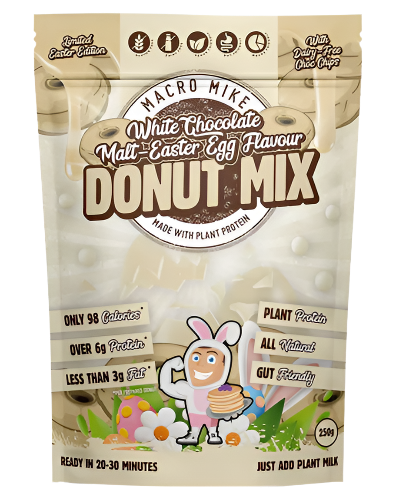Packaging of Macro Mike Donut Baking Mix with illustrations of donuts and descriptive text highlighting the vegan, gluten-free, and protein-packed features of the mix.