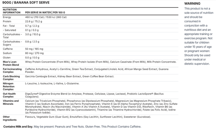 Nutrition information panel for Max’s Shred System protein powder in Banana Soft Serve flavour