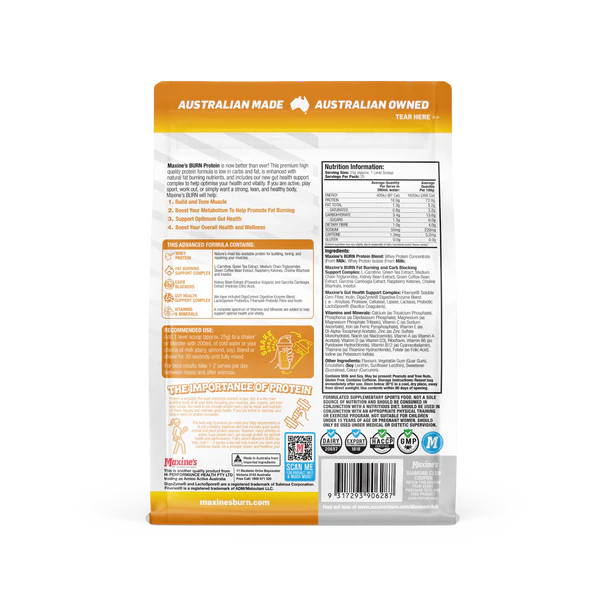 Back view of Maxine’s Burn Protein Banoffee Pie 500g bag showing nutrition information and ingredient details