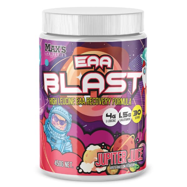 Container of MAX'S EAA BLAST amino acid supplement in Jupiter juice flavor, with colorful graphics and text on the label.