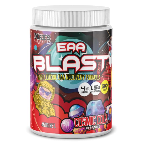 Container of MAX'S EAA BLAST amino acid supplement in Cosmic Cola flavor, with colorful graphics and text on the label.
