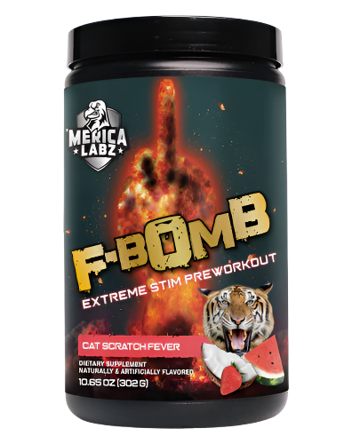 F Bomb extreme stim pre workout supplement tub 302g by Merica Labz cat scratch fever flavour