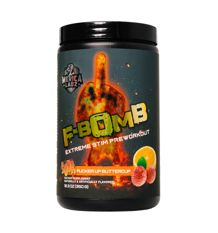 F Bomb extreme stim pre workout supplement tub 302g by Merica Labz pucker up buttercup