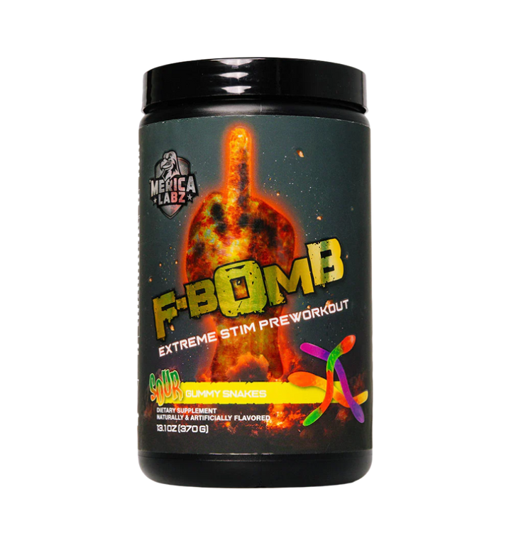 F Bomb extreme stim pre workout supplement tub 302g by Merica Labz sour gummy snakes flavour 