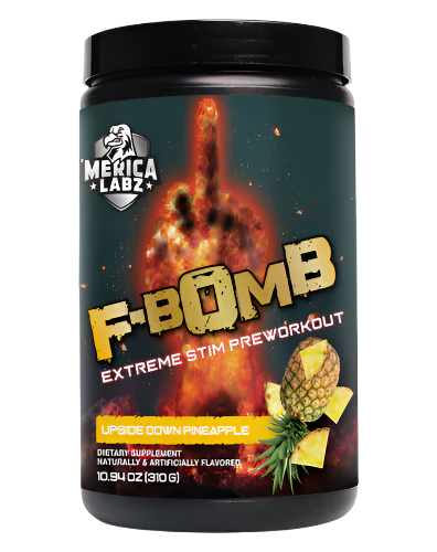 F Bomb extreme stim pre workout supplement tub 302g by Merica Labz upsidedown pineapple flavour 