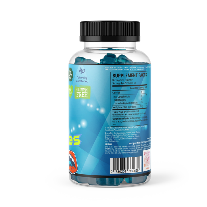 Supplement bottle with blue label on a white background