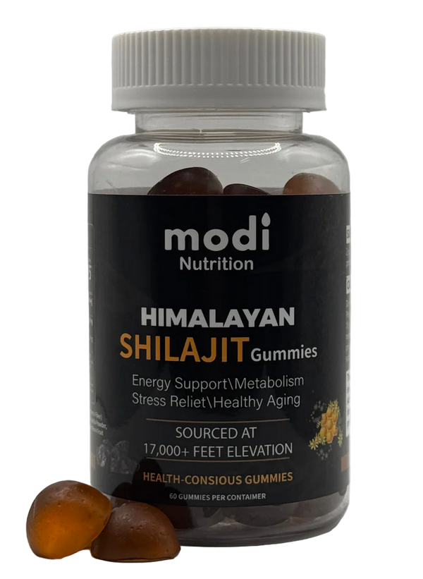 Modi Nutrition Himalayan Shilajit Gummies bottle showing 60 gummies, labelled for energy, metabolism, and stress support