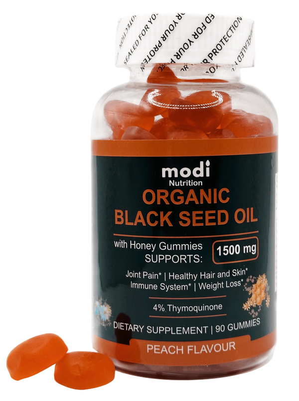 Bottle of Modi Nutrition Organic Black Seed Oil Gummies peach flavour showing label with 1500mg strength and vegan symbols and 90 gummies