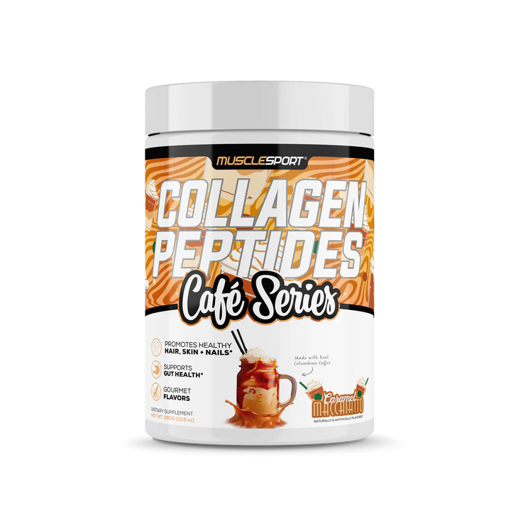 Front view of MuscleSport Collagen Peptides Café Series Caramel Macchiato tub with branding and label