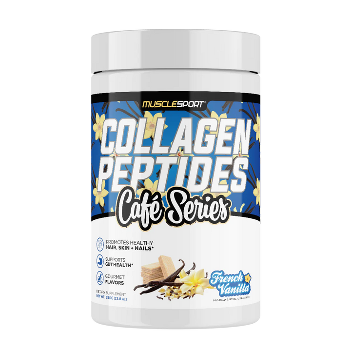 Front view of MuscleSport Collagen Peptides Café Series French Vanilla tub with branding and label