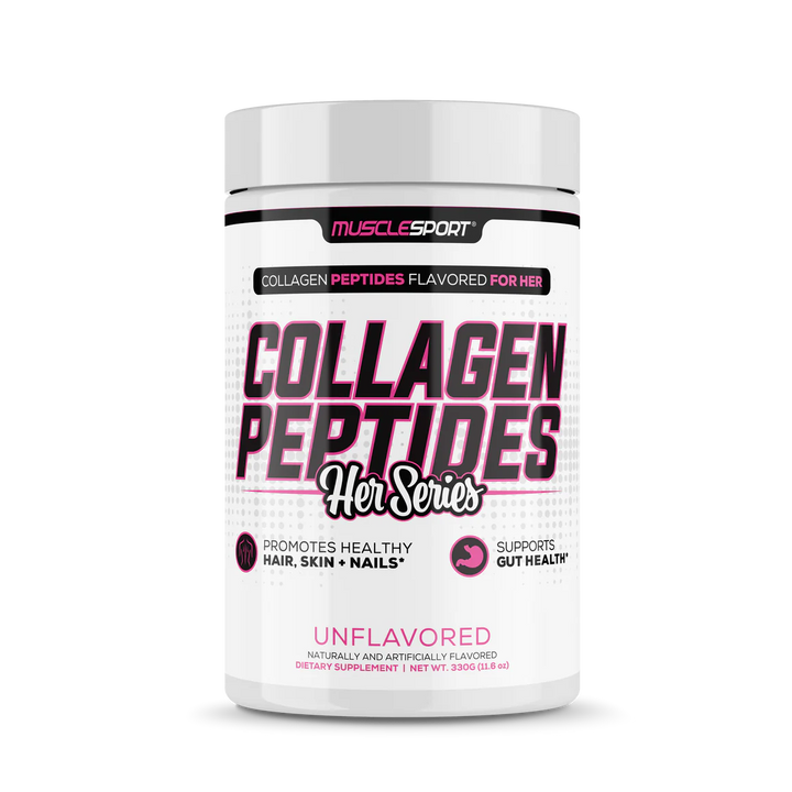 Front view of MuscleSport Collagen Peptides Her Series Unflavoured tub with branding and label