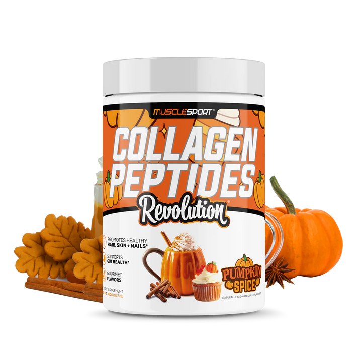Front view of MuscleSport Collagen Peptides Pumpkin Spice tub with branding and label
