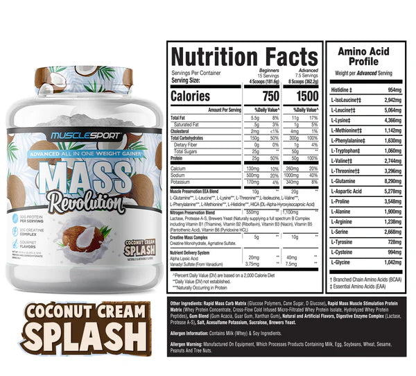 Nutritional information panel for MuscleSport Mass Revolution Coconut Cream Splash flavour showing calories, macros, and amino acid profile