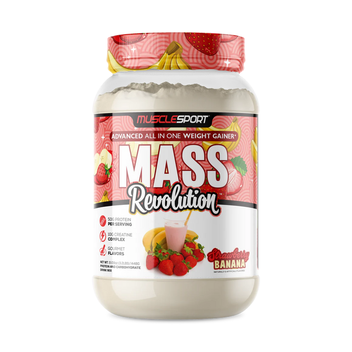 Front view of MuscleSport Mass Revolution weight gainer tub in Strawberry Banana flavour with fruit-themed label and branding