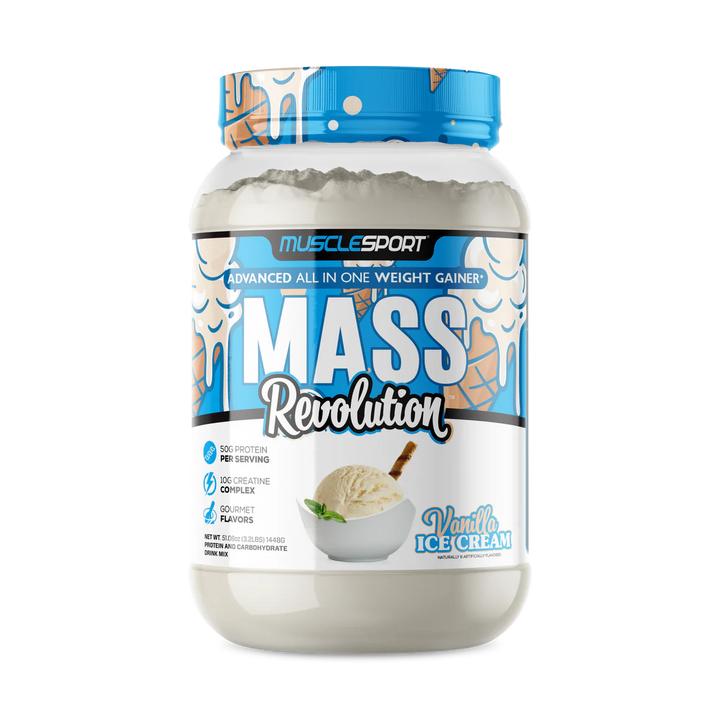 Front view of MuscleSport Mass Revolution weight gainer tub in Vanilla Ice Cream flavour with Ice Cream design