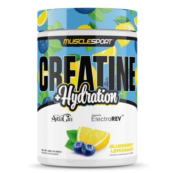 A container of MUSCLESPORT Creatine + Hydration supplement with a blue and green design, featuring lemon and blueberry flavors.