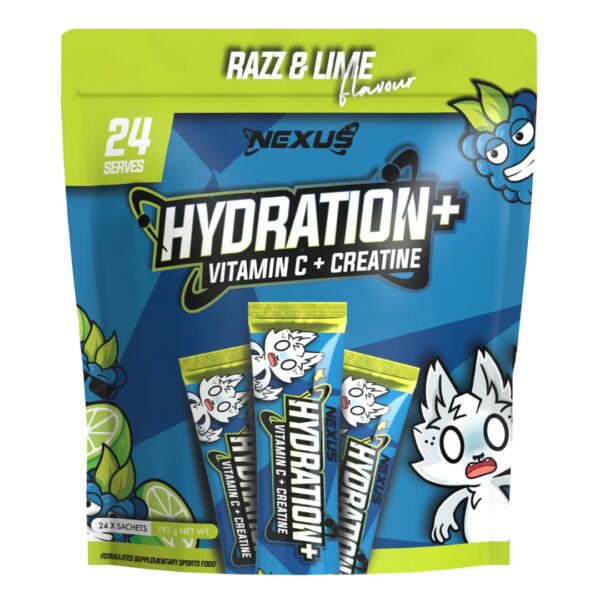 A package of Nexus Hydration+ supplement with a razz and lime flavor theme, featuring a cartoon character and product information.