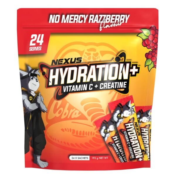 A package of Nexus Hydration+ supplement with a raspberry flavor theme, featuring a cartoon character and product information.