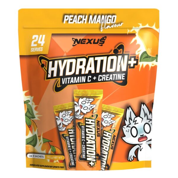 A package of Nexus Hydration+ supplement with a peach mango flavor theme, featuring a cartoon character and product information.