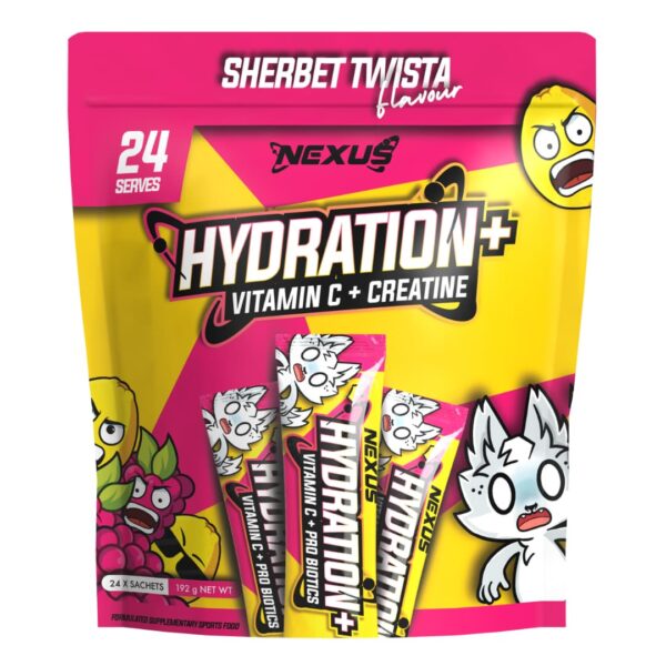 A package of Nexus Hydration+ supplement with a sherbet flavor theme, featuring a cartoon character and product information.