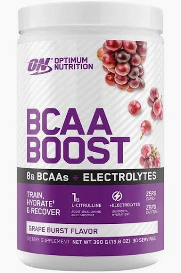 Optimum Nutrition BCAA Boost Grape Burst 390g tub with 8g BCAAs and 1g L-Citrulline for muscle recovery and hydration