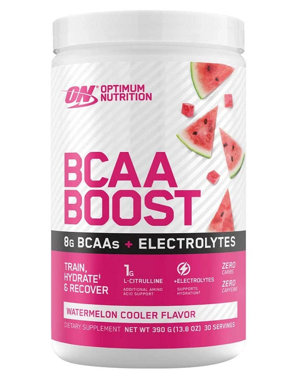 Optimum Nutrition BCAA Boost Watermelon Cooler 390g tub with 8g BCAAs and electrolytes for hydration and recovery