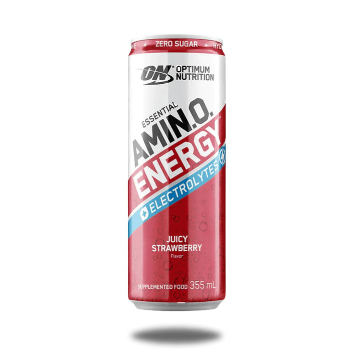 Optimum Nutrition Essential Amino Energy RTD Juicy Strawberry can 355mL zero sugar amino electrolyte drink 