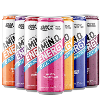 Range of Optimum Nutrition Essential Amino Energy RTD cans in assorted flavours including Mango Pine Lime Whacky Watermelon and Groovy Grape