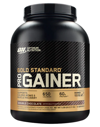 Optimum Nutrition Gold Standard PRO Gainer Double Chocolate 5lb black tub with gold label and chocolate swirl design