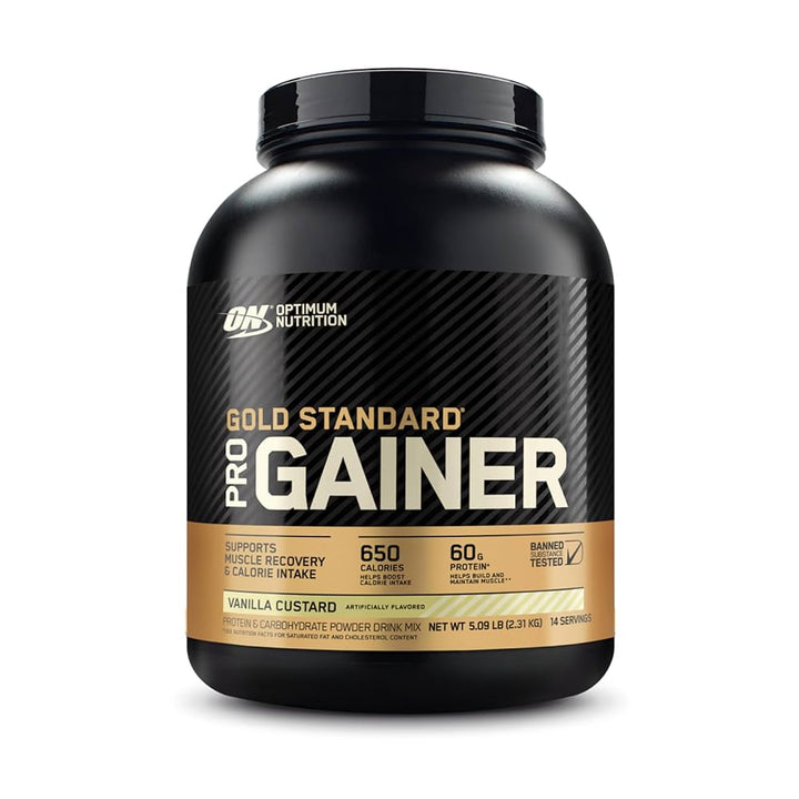 Optimum Nutrition Gold Standard PRO Gainer Vanilla Custard 5lb black tub with gold label and creamy vanilla design